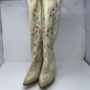 Women’s Tall Knee High Ivory Embroidered Cowboy Boots Sz9 Faux Suede Point Toe